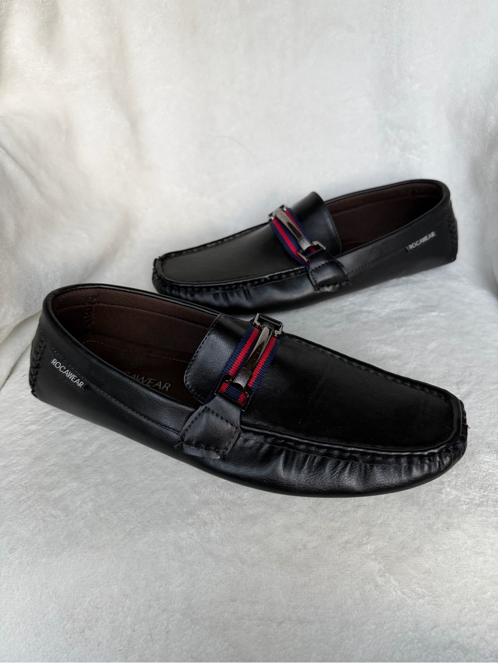 Rocawear Men’s Black Slip-On Driving Loafers with Red-Blue Accent Size 9.5
